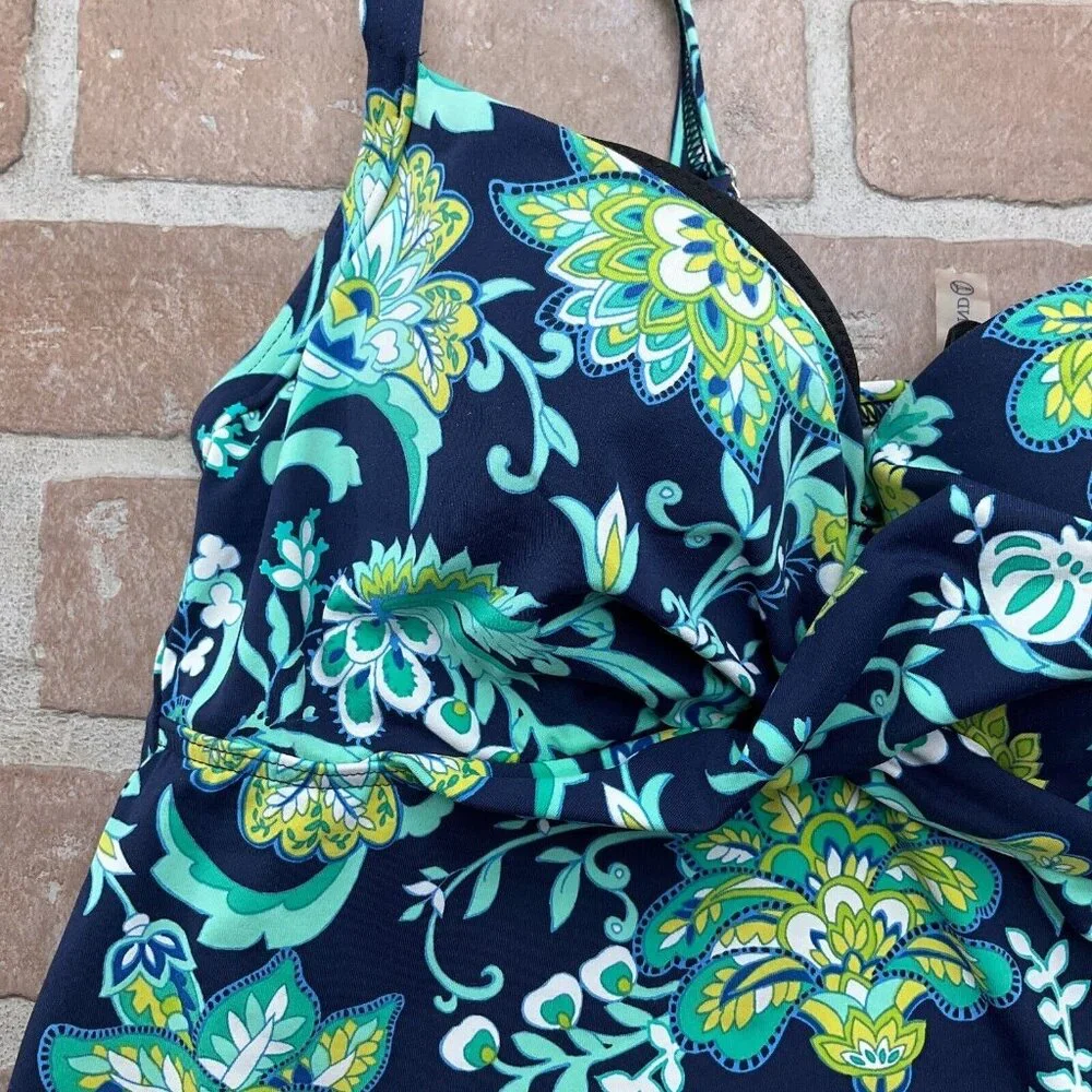 Lands End Tankini Top Women 30D/32C Blue‎ Green Floral Twist Underwire Pads Bra